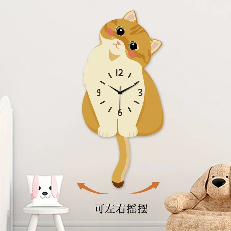 原创萌趣小猫挂钟金渐层挂钟尾巴可摇摆创意钟表乔迁礼物静音时钟