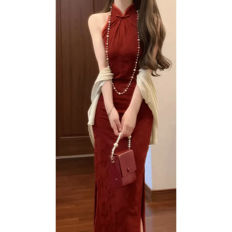 5299 新中式复古红色提花挂脖连衣裙独特绝美气质收腰改良旗袍裙