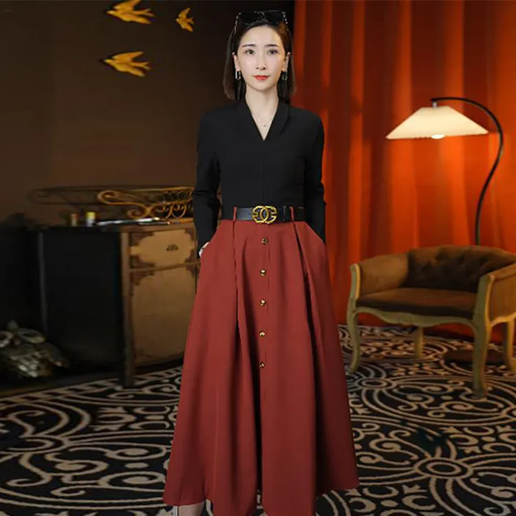 2024新款秋季女装连衣裙收腰褶皱裙子洋气显瘦气质时尚长裙子2086