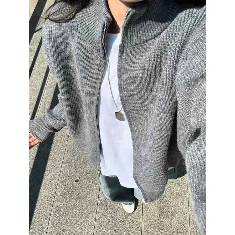 灰色双拉链立领针织夹克男慵懒高级感半高领毛衣美式复古情侣外套