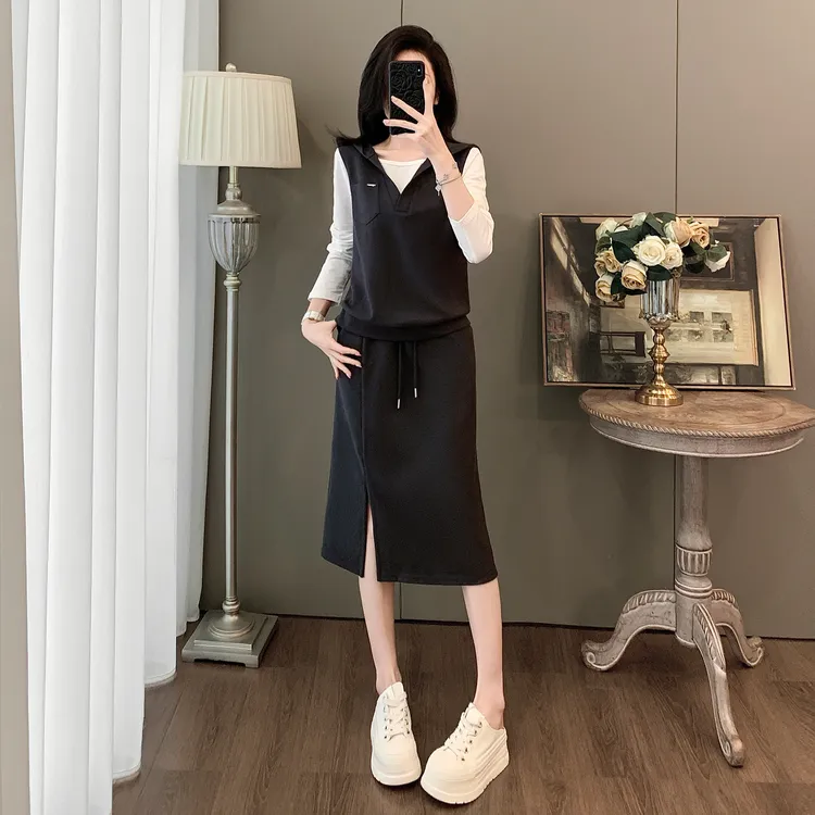 入秋一整套女装显瘦气质减龄休闲时尚假两件卫衣半身裙子两件套装