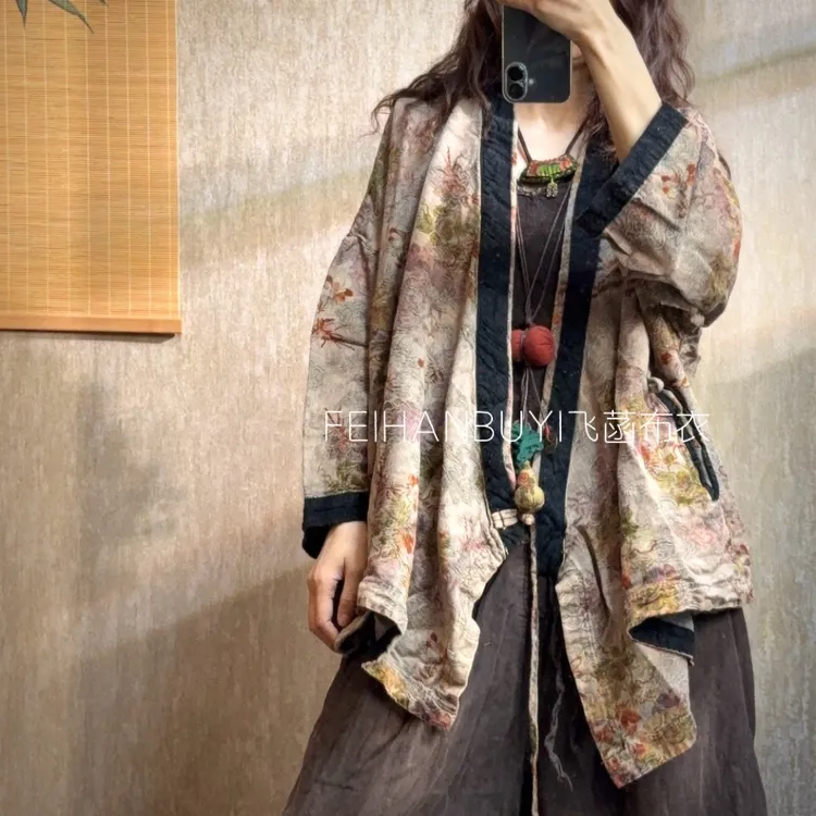 2025秋季新款复古炒色提花休闲宽松款系绳麻茶服