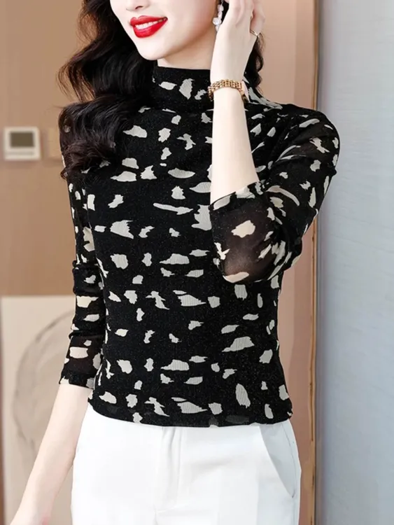 打底秋冬新款洋气爆款时尚修身高领保暖印花上衣加绒加厚打底衫