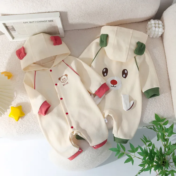 婴姿婴儿春装长袖连体衣男女宝宝春秋款洋气外出拉链可爱连帽卫衣