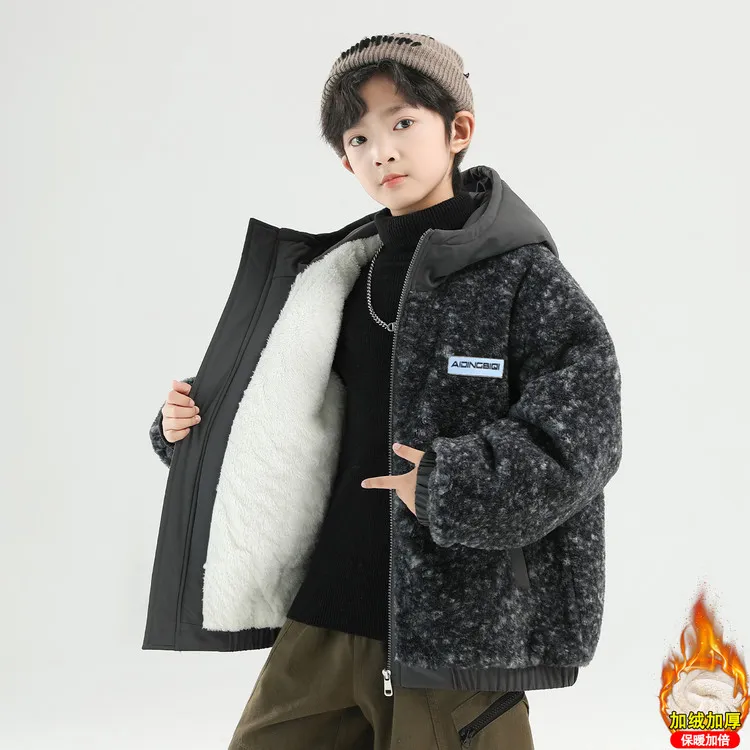 男童加绒外套2025秋冬新款羊羔绒棉服摇粒绒男孩加厚大儿童冬季潮