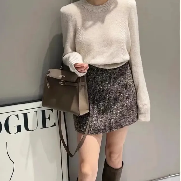 亮片粗花呢小香风高腰包臀A字半身裙女秋冬新款