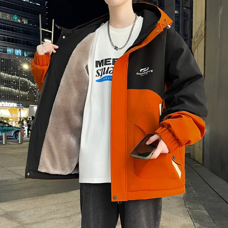秋冬保暖加绒加厚夹克韩版男装青少年棉衣冬季拼色保暖连帽棉服男