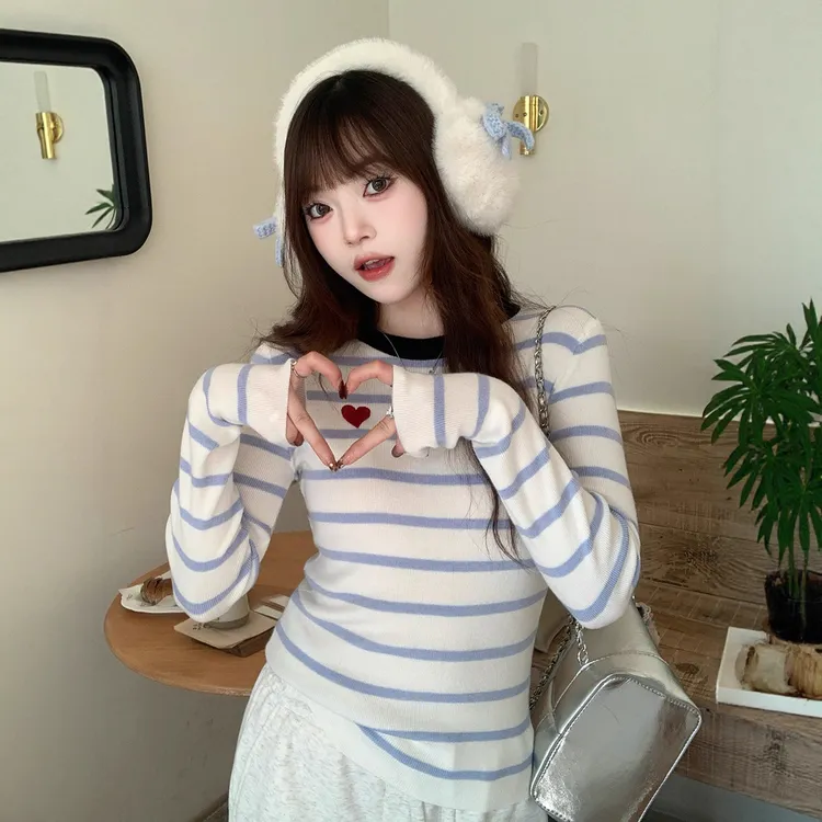睛雅-条纹毛衣女款2025新款小个子针织衫秋冬内搭打底衫冬季上衣