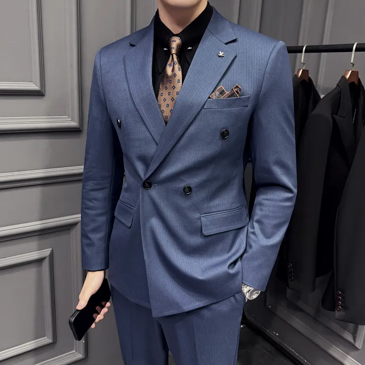 高级感雾蓝双排扣平驳领西服套装男结婚婚礼新郎商务休闲西服礼服