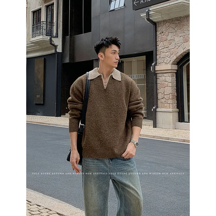 Koube「重磅粗针 假两件」秋冬撞色翻领Polo毛衣男复古宽松针织衫厚