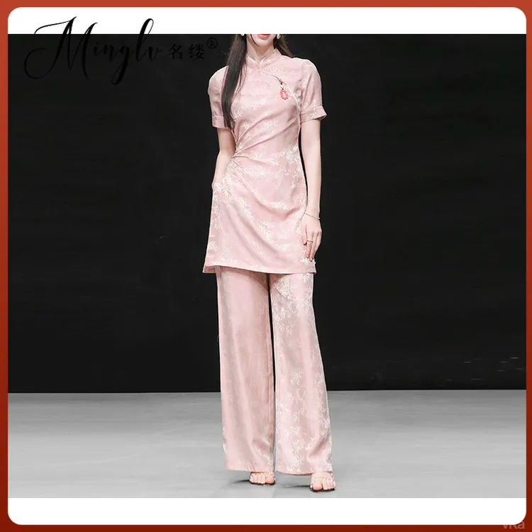 短袖衬衣立领新中式+显瘦窄版阔腿长裤2025夏季新款高端提花套装