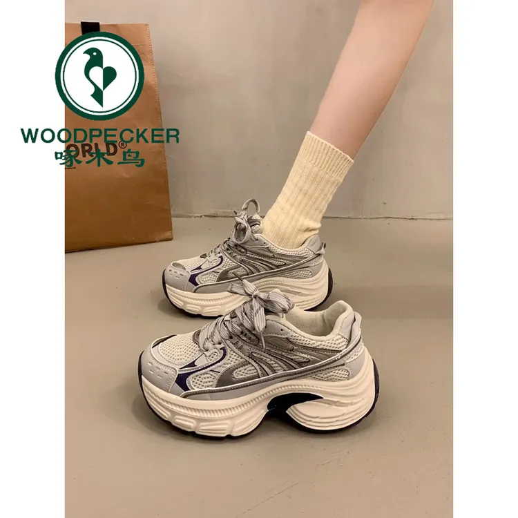 啄木鸟小个子增高厚底老爹鞋女2025春秋百搭松糕底休闲复古运动鞋