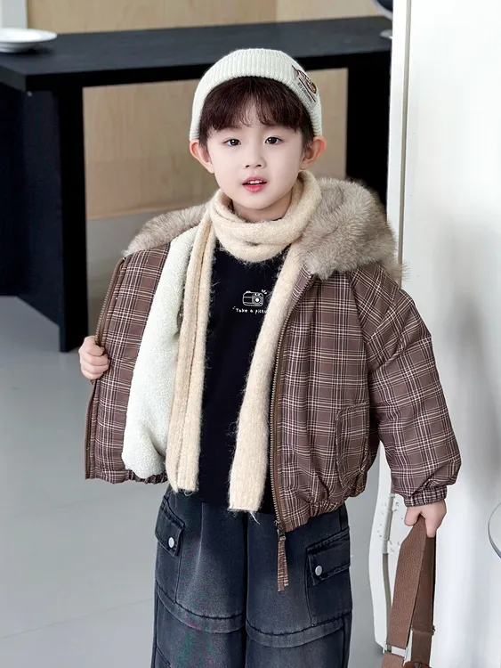 男童冬季加绒加厚棉衣外套儿童格子棉服2025新款休闲宝宝冬装衣服