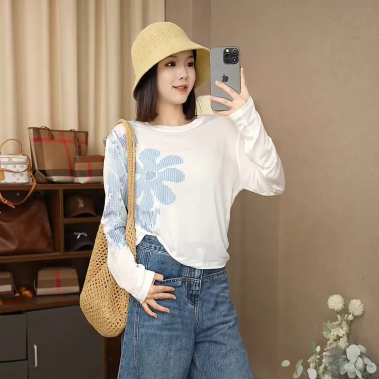 【法式花朵】天丝面膜T恤2025夏装新款女装薄款长袖防晒衣潮流1236