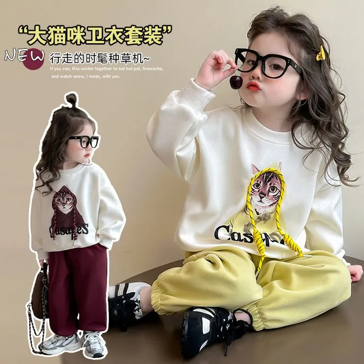 女秋冬上衣小童网红休闲卡通常规套装秋季韩版长袖可爱猫咪