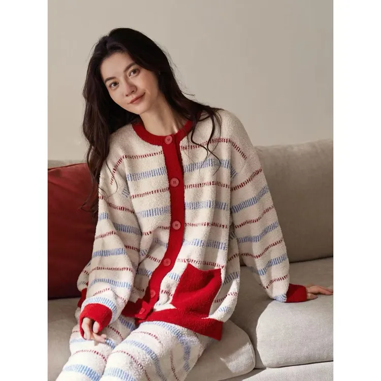 半边绒睡衣女士秋冬季新款加厚加绒本命年红色条纹厚款家居服套装