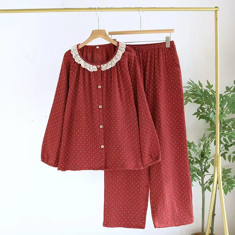 秋季/安哥拉酒红色纯棉长袖甜美波点蕾丝花边家居服休闲套装睡衣