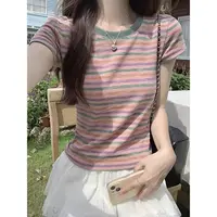 粉色条纹正肩短袖t恤女夏季2025新款欧货高级感修身短款体恤上衣9