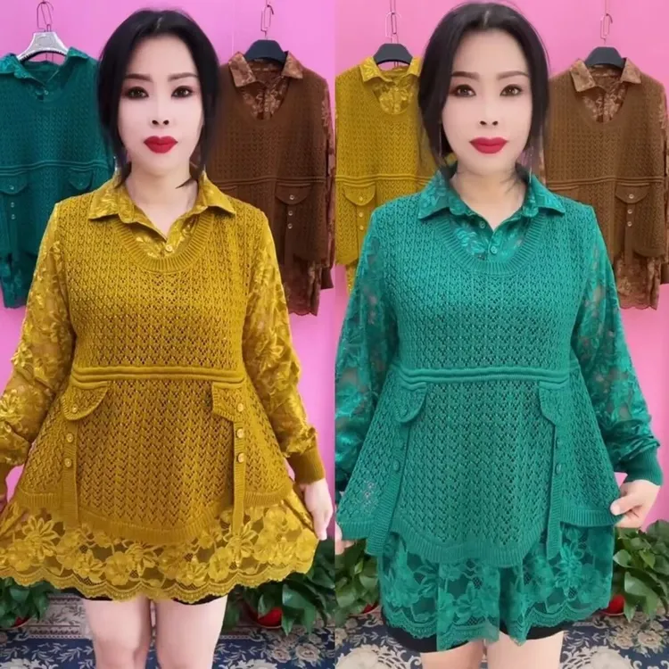 秋季新款时尚妈妈毛衣女长袖拼接针织假俩件蕾丝洋气减龄宽松款潮