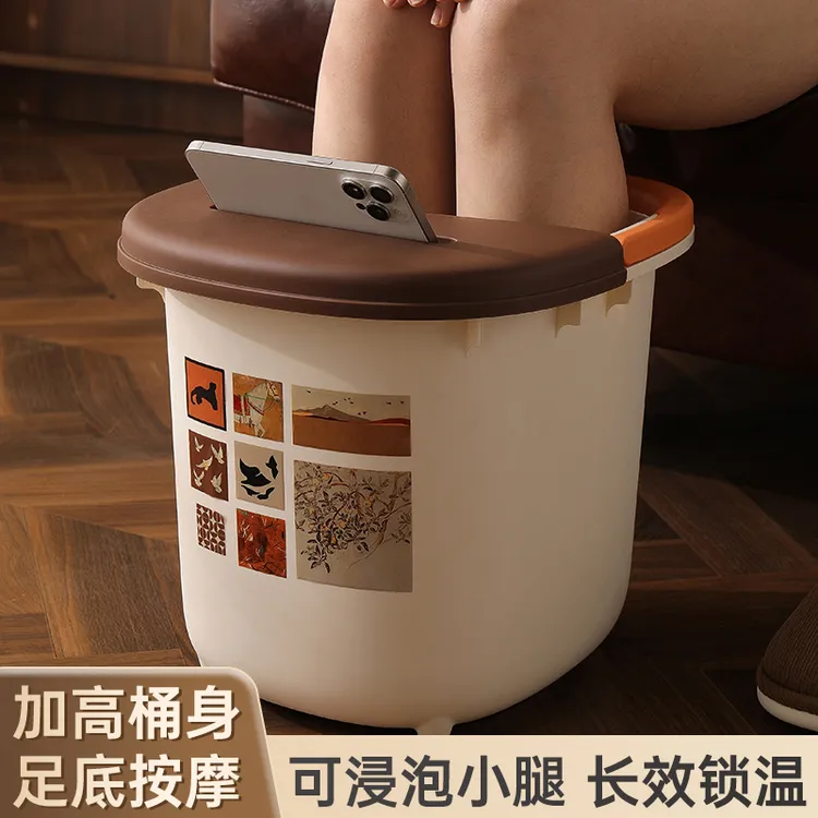 驱寒加厚过膝泡脚桶家用大号足浴盆宿舍泡脚桶带盖滚轮按摩洗脚盆