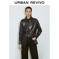 UR2024秋冬新款女装摩登复古廓形PU长袖开襟衬衫UWJ230012