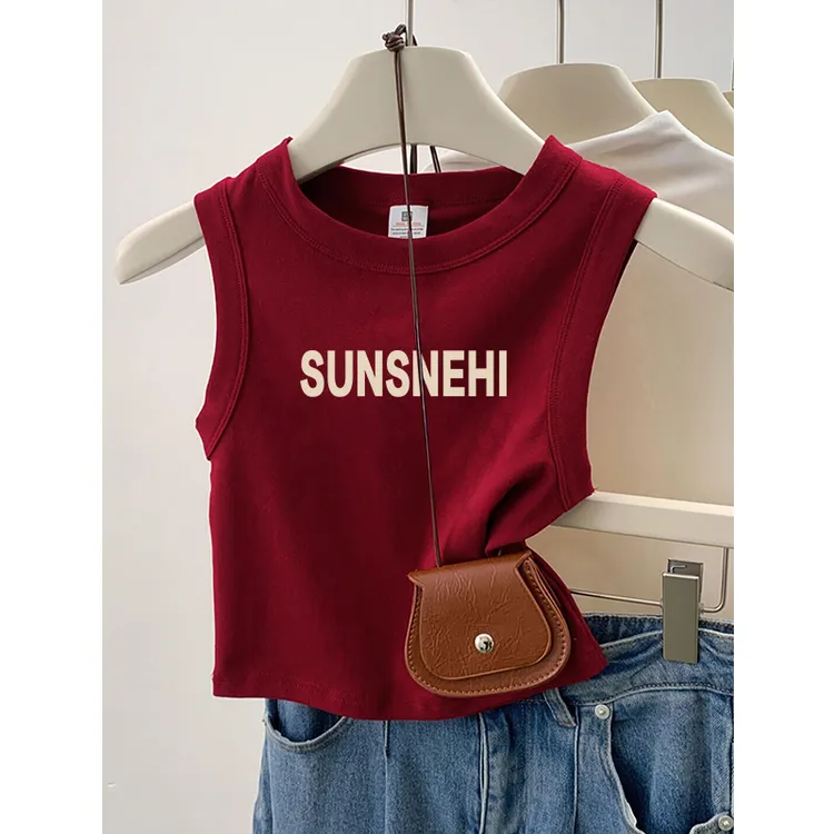 夏日多巴胺穿搭无袖t恤女酒红色复古短款辣妹修身显瘦小背心吊带