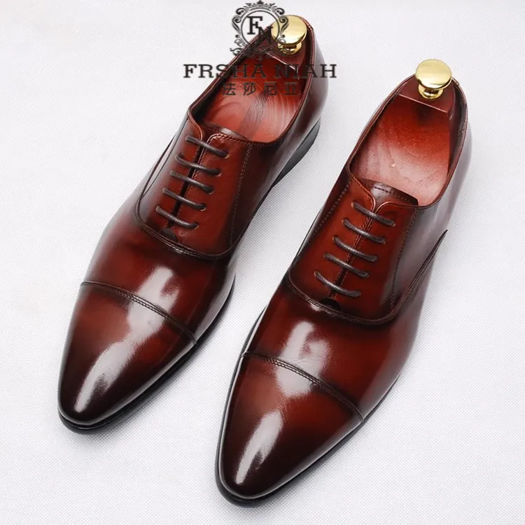 法莎尼亚高级皮鞋系带透气休闲皮鞋牛皮商务鞋牛津鞋棕色时尚男鞋