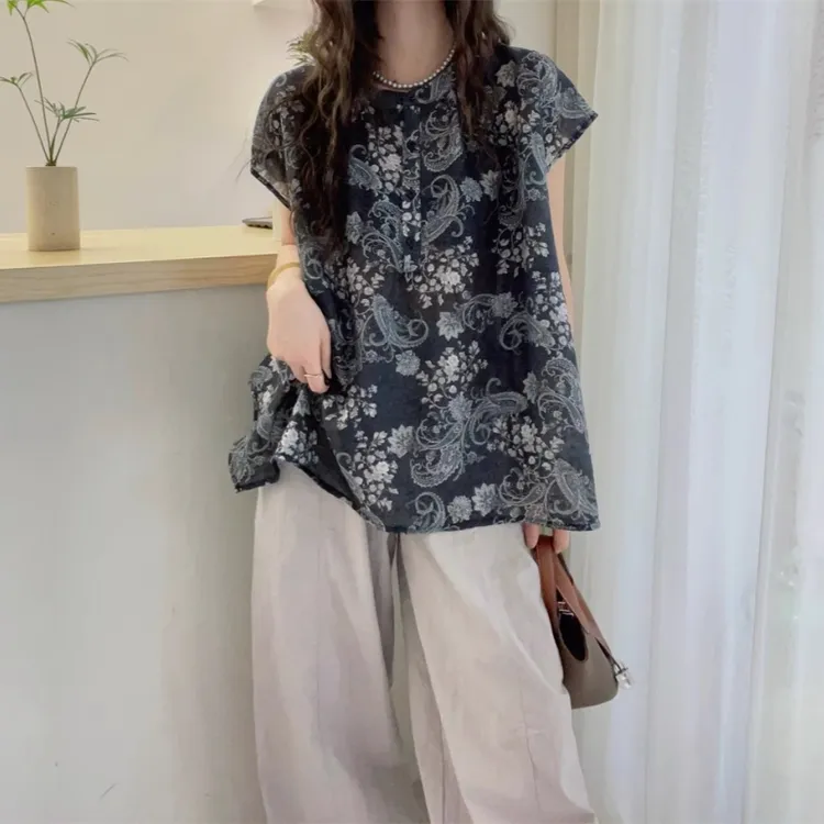 小飞袖雪纺短袖衬衫女2025夏新款大码胖mm碎花娃娃衫洋气减龄上衣