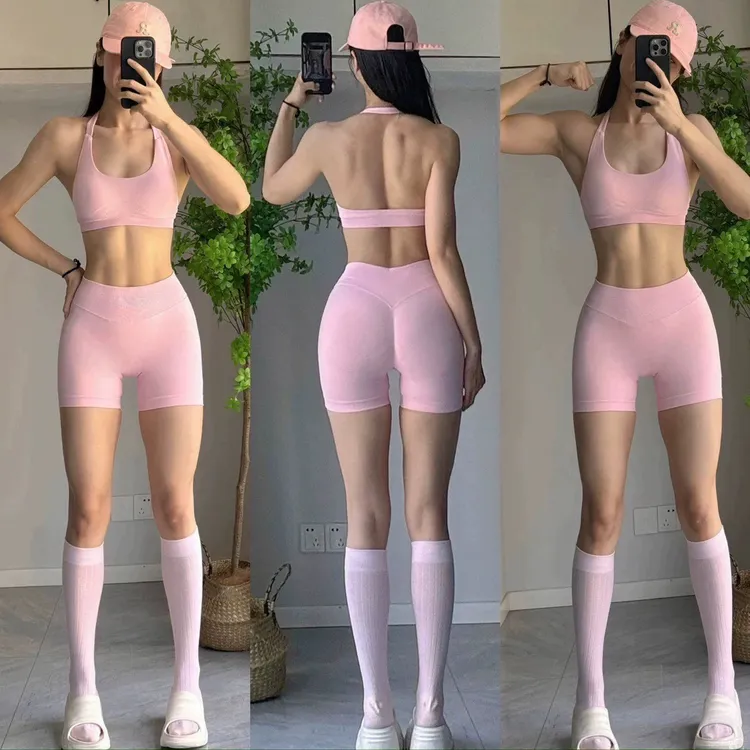 欧美专业性感三分瑜伽套装女速干吊带运动文胸高腰提臀健身短裤夏