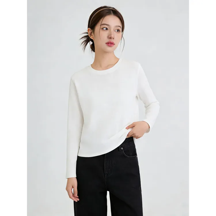 百搭韩系大码女装长袖t恤女正肩修身上衣弹力显瘦纯色简约打底衫