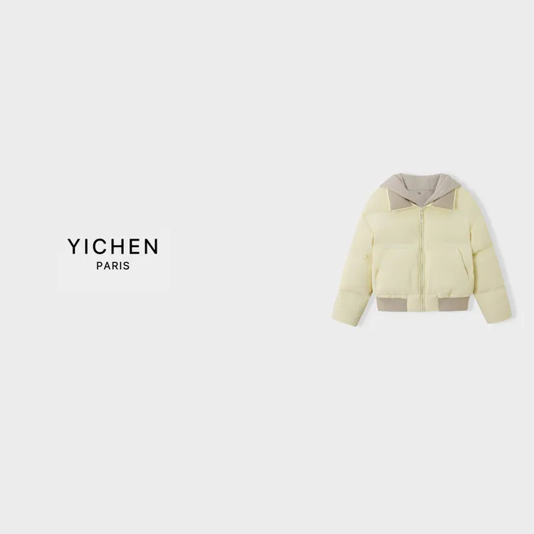 YC 浅鹅蛋黄 ce 假两件连帽短款羽绒服-4178