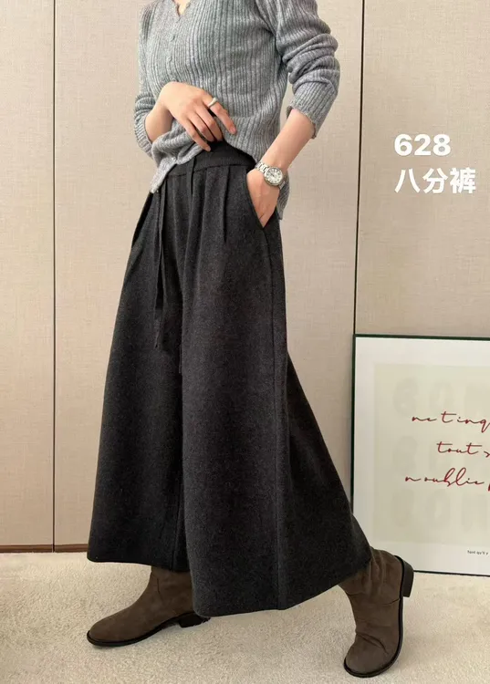 长裤口袋保暖针织厚款高腰休闲裤秋冬直筒阔腿裤时尚西装纯色简约