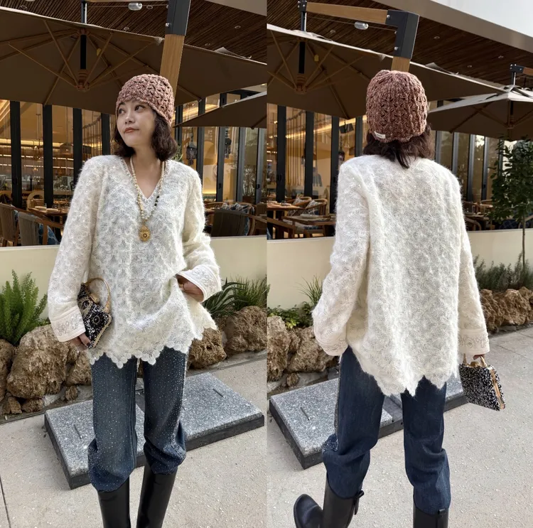 YDFSTUDIO小众【女神部落】欧货高品重工蕾丝V领波浪边设计百搭上衣