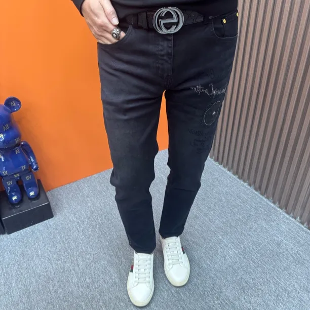 秋冬黑色植绒烫钻牛仔裤加绒加厚弹力修身小脚时尚百搭潮流休闲裤