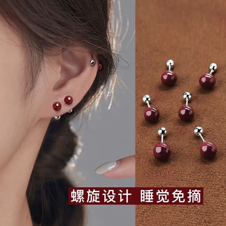 925银针  【辰砂红】耳钉新年红色气质百搭高级感耳饰