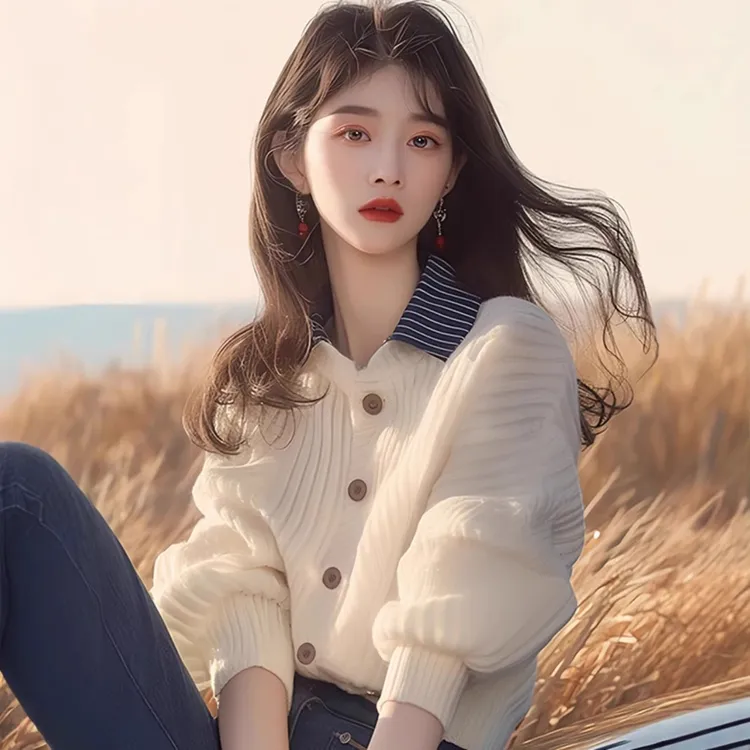 白色拼接爆款翻领宽松针织开衫2024秋冬新款韩系氛围感毛衣上衣