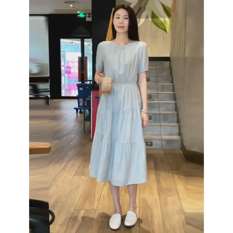 法式复古连衣裙女新款夏季气质优雅小清新肌理感显瘦短袖中长裙子