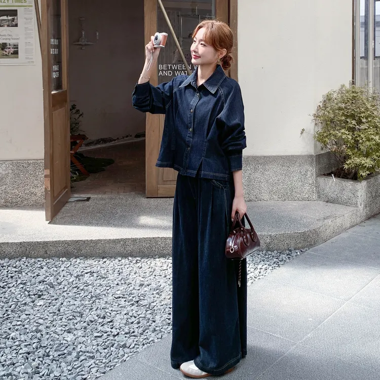 慵懒风松弛感套装女2025早秋新款复古牛仔短外套阔腿裤两件套