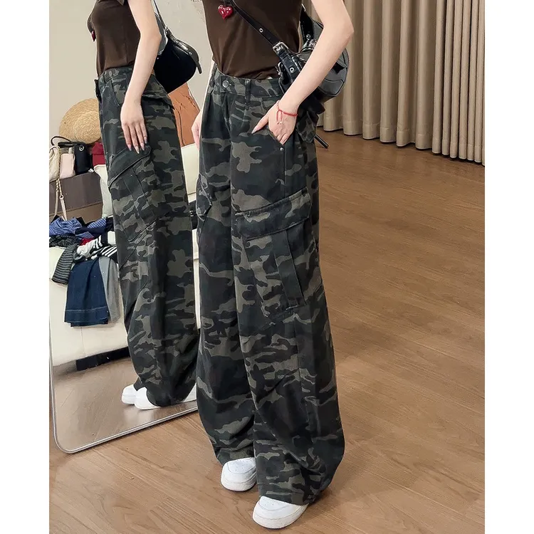 218美式辣妹风迷彩工装牛仔裤女秋2025新款复古多口袋直筒阔腿裤