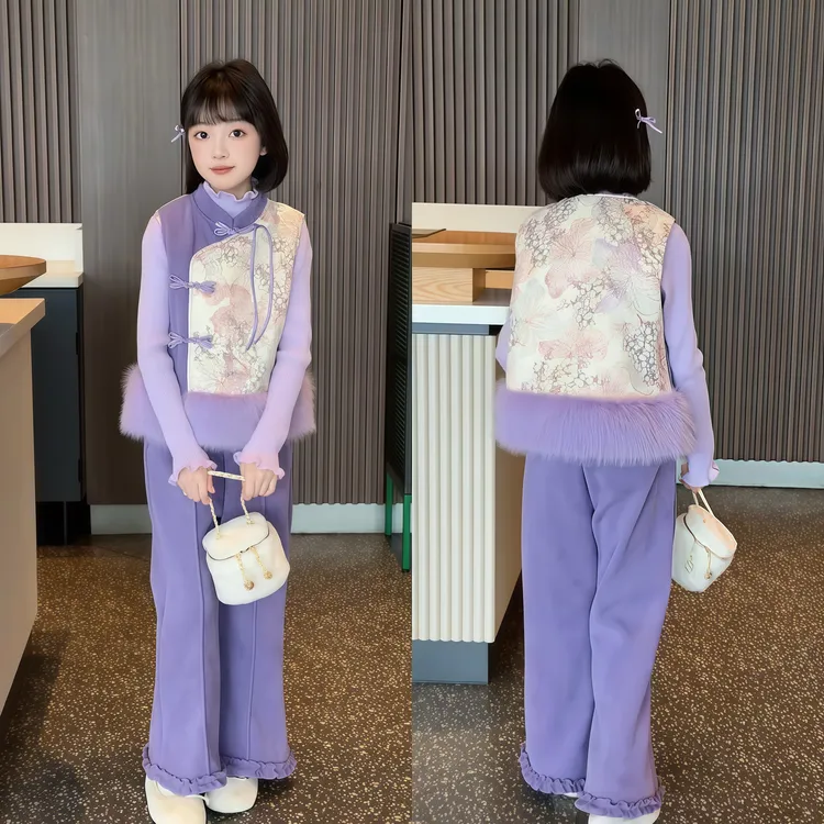 女童新中式国风套装冬装2025新款中国风时髦马甲喇叭裤子三件套