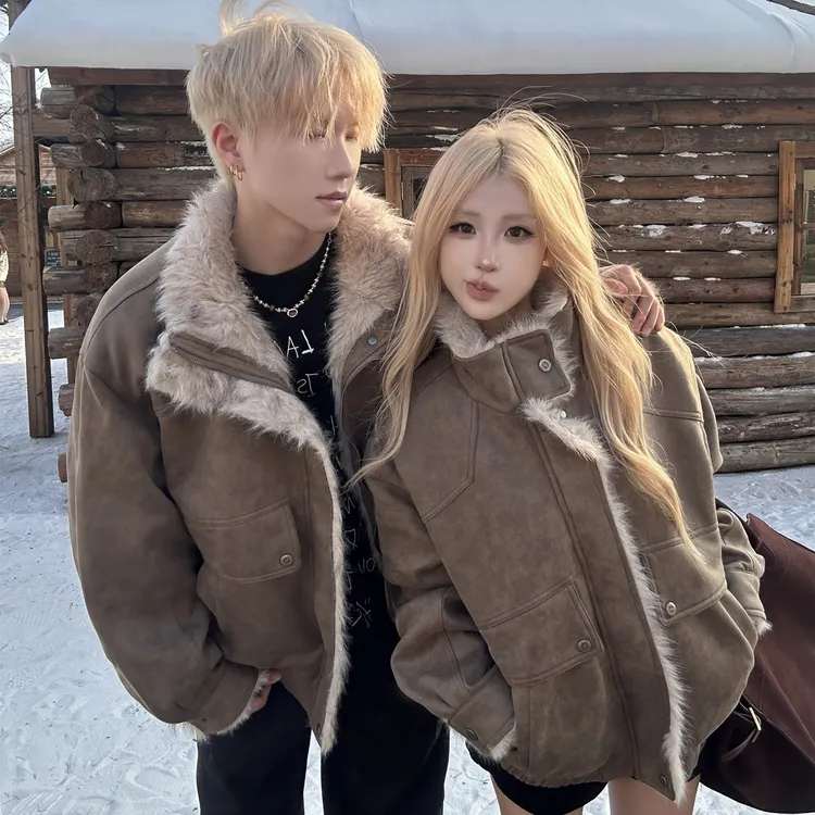 美拉德情侣装冬季棉衣ins超火皮毛一体美式复古男女外套宽松潮流