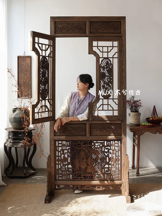 【木兮】中式开窗实木屏风隔断古风摄影道具仿古做旧背景墙镂空雕花
