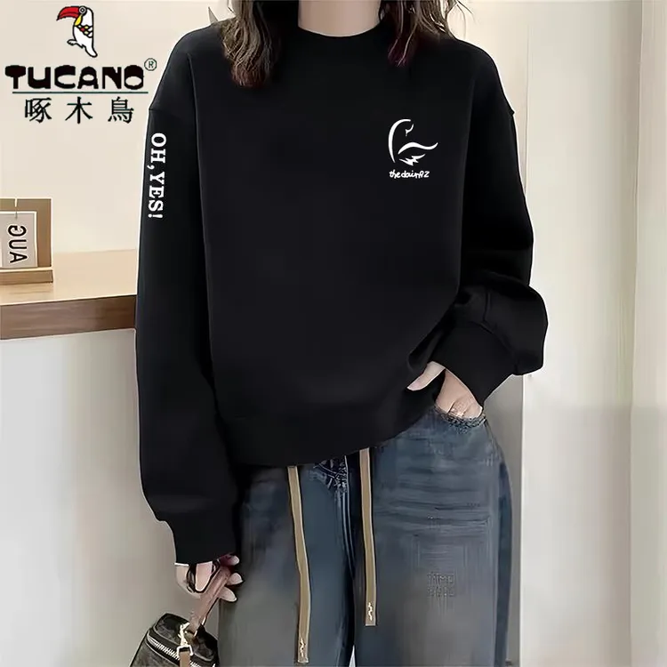 啄木鸟纯棉卫衣女春秋薄款圆领无帽印花加绒长袖韩版宽松显瘦上衣
