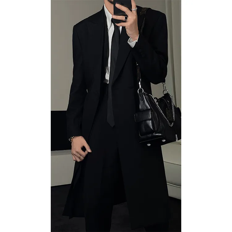 龙叨叨秋季新品高级感简约黑色西装风衣外套气质过膝宽松长款西服