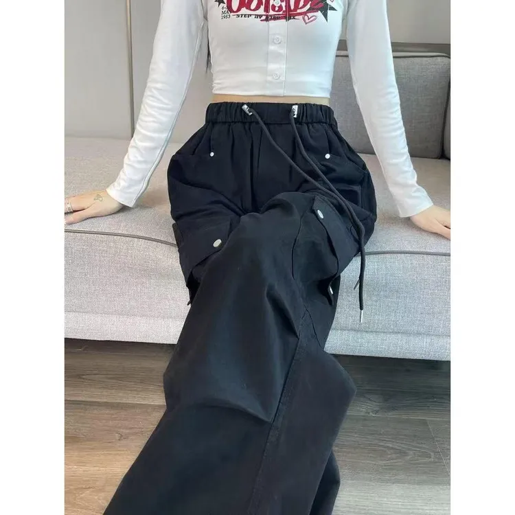 黑色工装裤女初中生夏季2025新款小个子酷飒风阔腿速干美式运动裤