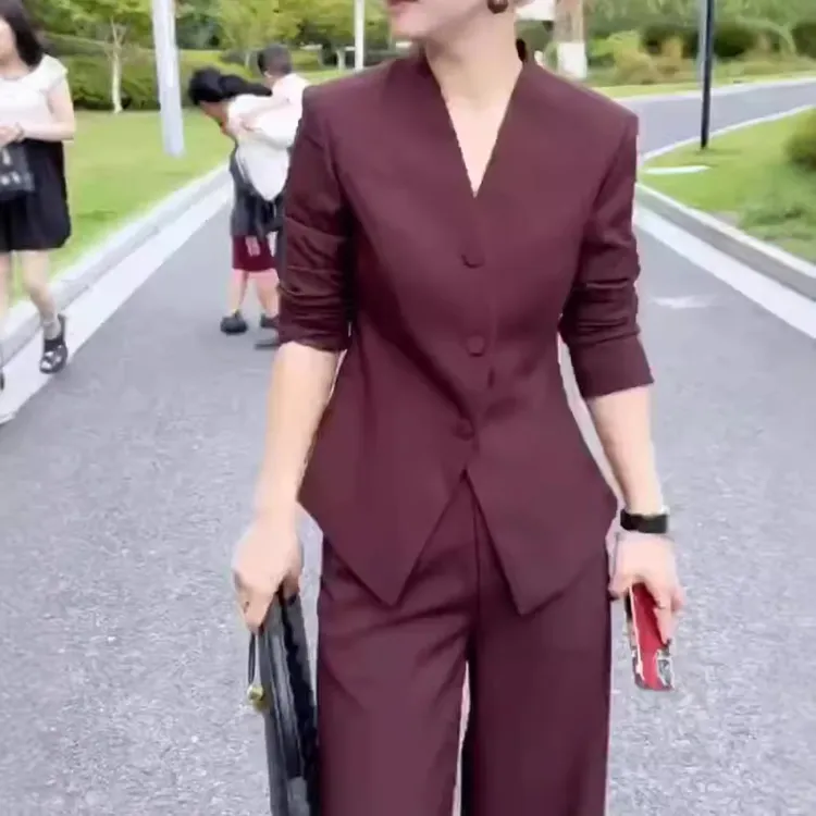 新款V领修身西服西装婚礼外套高腰长裤干练套装职业女洋气秋季