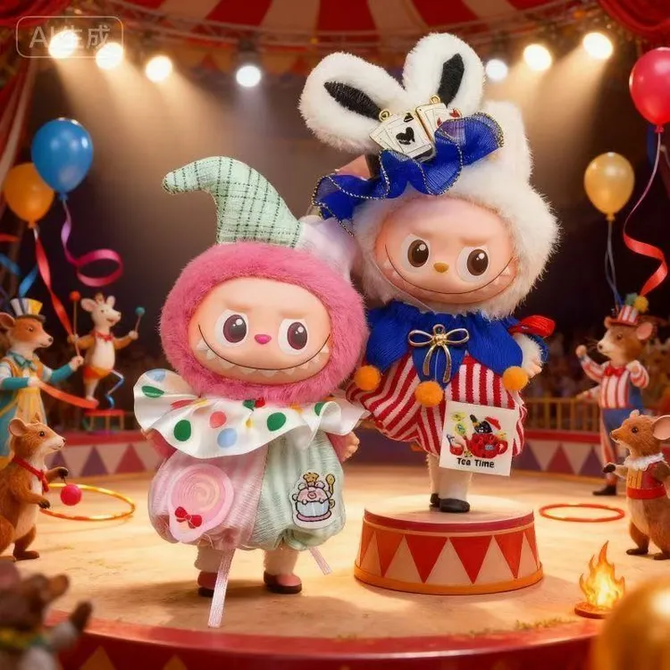 labubu4.0迷你版马戏团小丑娃衣搪胶拉布布123代多巴胺毛绒玩偶