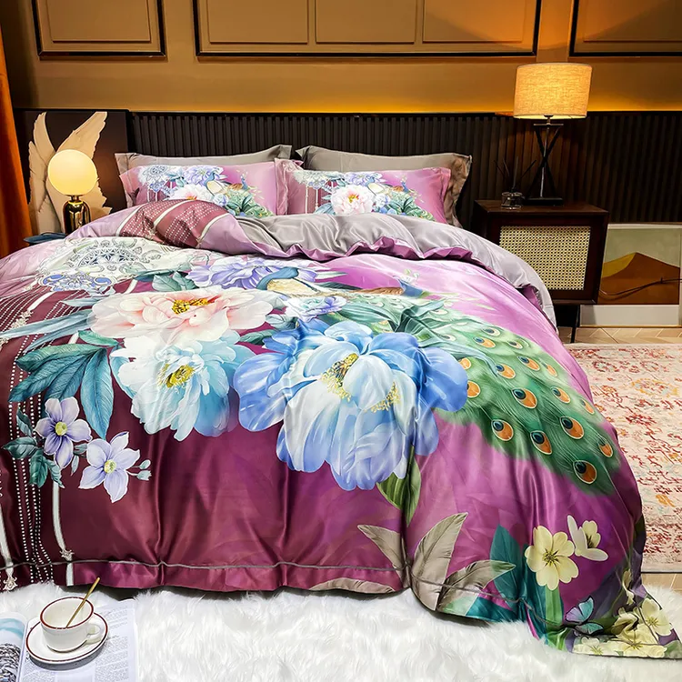 夏天裸睡凉感冰丝四件套丝滑新款冰丝数码印花被套床笠轻奢复古款