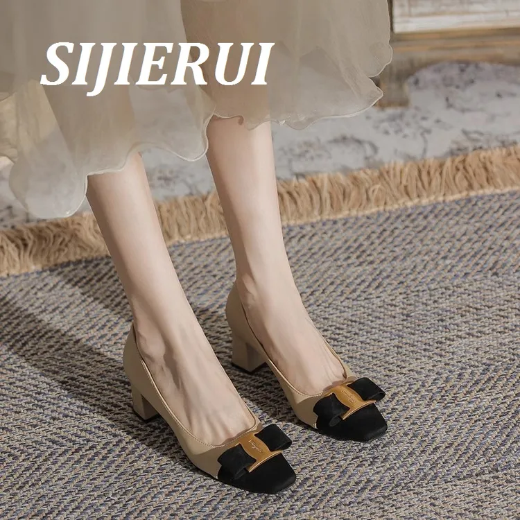 SIJIERUI羊皮小香风粗跟单鞋女2026年春季新款气质法式中跟高跟鞋