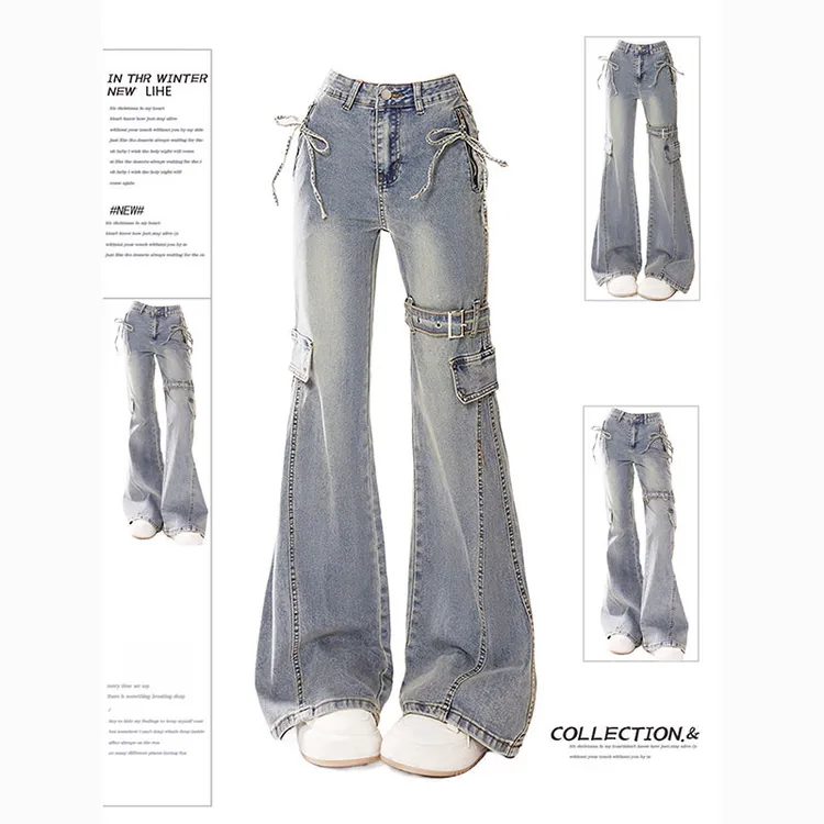 特大码美式微喇牛仔裤女胖mm显瘦遮肉长裤高腰设计感喇叭马蹄裤